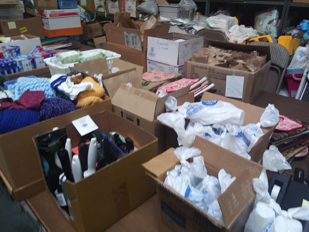 Supplies ready for packing into bags.