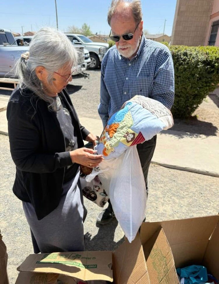 Fred Messick sharing our bags with the Navajo Nation in New Mexico.